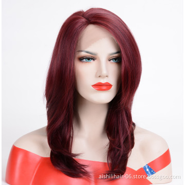 AiShiLi Long Silky Straight Lace Front Wigs With Burgundy Heat Resistant Synthetic Hair Cheap Wig